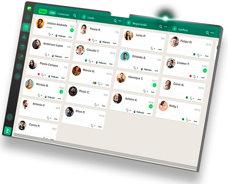 Tela do kanban aberta com vários leads vindos do whatsapp.